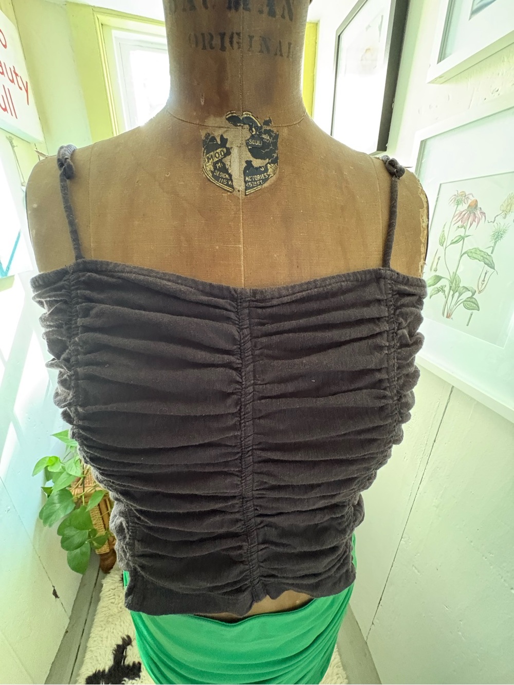 Free People Ruched Black Cotton Adjustable Spaghetti Strap Women's Top Size MD